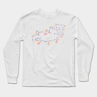 colorful fine line cat on grass with flowers Long Sleeve T-Shirt